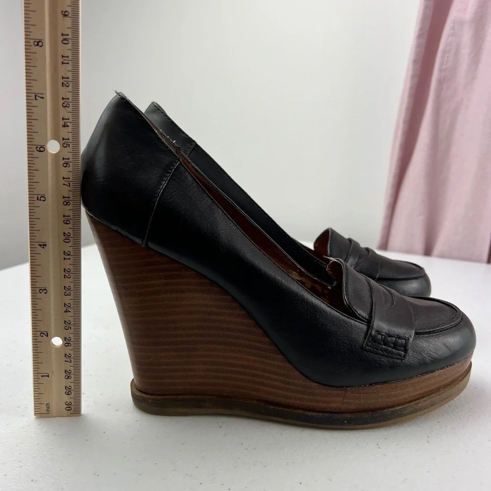 Lucky Brand June Black Leather Platform Wedge Penny Loafers Size 10 - Picture 12 of 13
